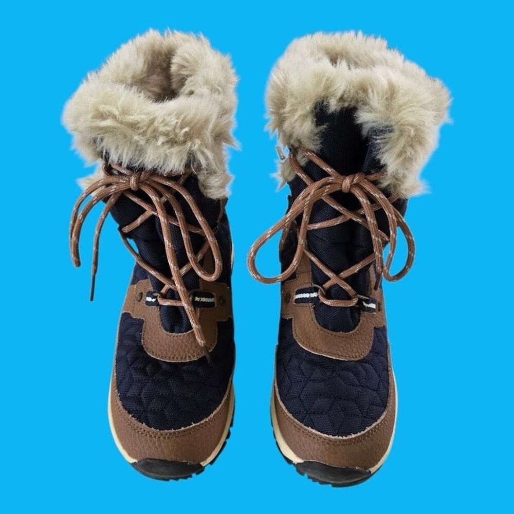 Ladies 7 Bearpaw Marina Snow Boots Waterproof Quilted Navy BRN Leather Faux Fur - Picture 5 of 13